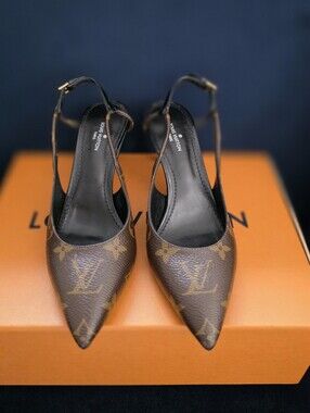 Louis Vuitton Brown Monogram Pointed Slingback Heels
